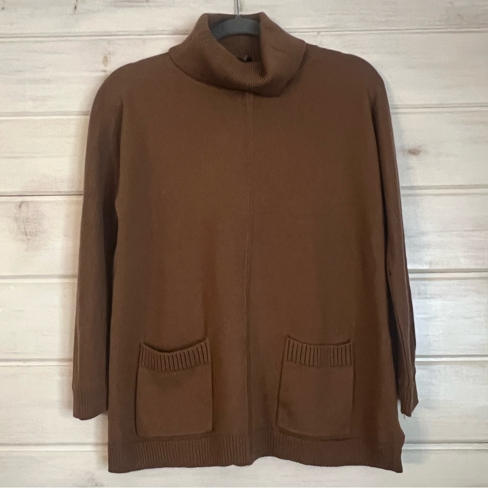 Talbots PURE MERINO WOOL Brown Turtleneck Tunic Sweater Size Medium Petite